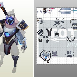 May include: Papercraft template for building a robot character with a sword. The template includes a variety of pieces, including the robot's head, body, arms, legs, and sword. The template is printed on a white background with a grid pattern.