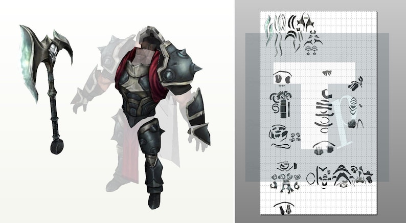 Puede incluir: Ilustraci&oacute;n digital de una armadura y un hacha de guerrero de fantas&iacute;a. La armadura es principalmente gris oscuro con detalles en rojo y hombreras puntiagudas. El hacha tiene una hoja plateada y un mango negro. Una cuadr&iacute;cula con elementos de dise&ntilde;o est&aacute; a la derecha.