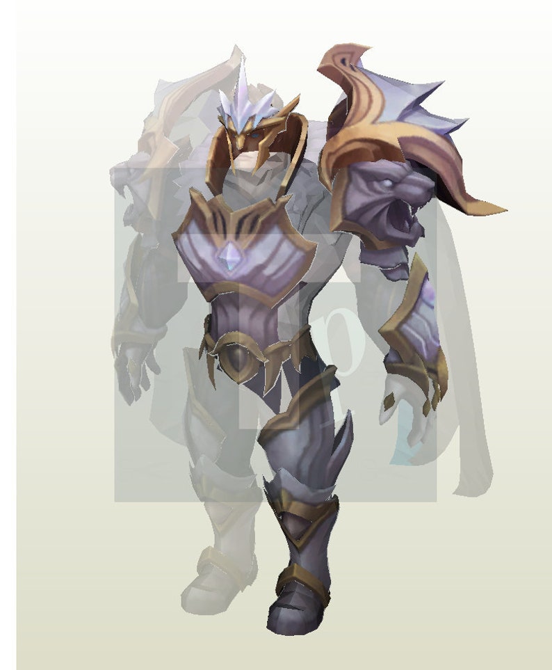 May include: A detailed figurine of a warrior wearing a silver and gold armor with a crown and a lion head on the shoulder pads.