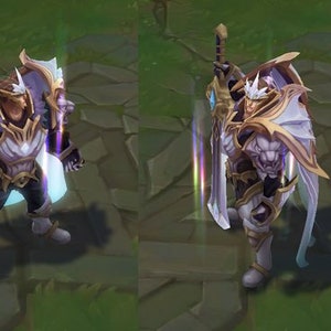May include: A video game character with white and gold armor, a white cape, and a large sword. The character is standing on a green and brown background.