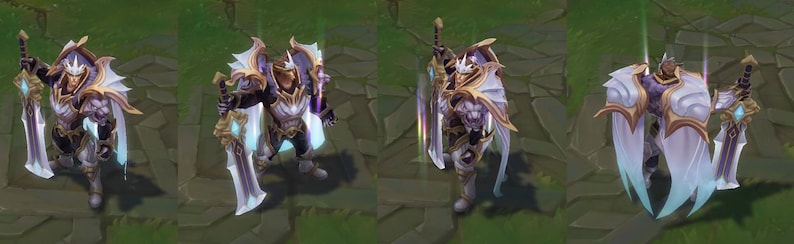 May include: A video game character with white and gold armor, a white cape, and a large sword. The character is standing on a green and brown background.