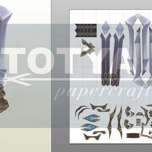May include: Papercraft template for a blue and gold sword with a crystal design. The template includes multiple pieces to assemble the sword.