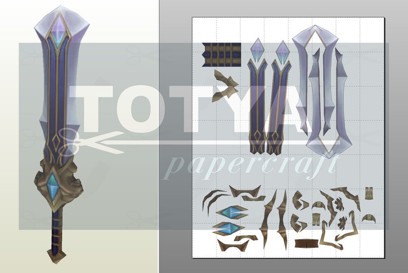 May include: Papercraft template for a blue and gold sword with a crystal design. The template includes multiple pieces to assemble the sword.