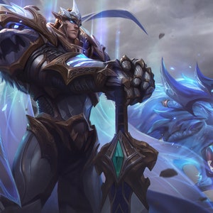 May include: A fantasy character in blue and silver armor, holding a sword with a green gem. The character is standing in front of a blue wolf with glowing eyes.