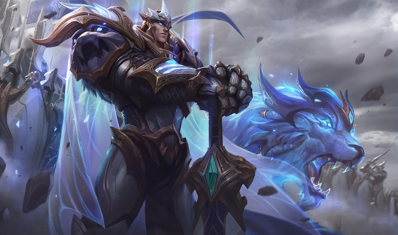 May include: A fantasy character in blue and silver armor, holding a sword with a green gem. The character is standing in front of a blue wolf with glowing eyes.