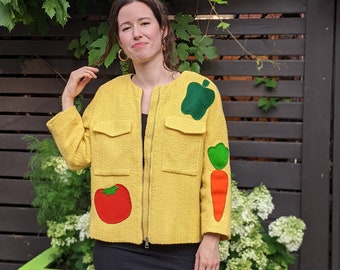 Upcycled Yellow Blazer with Hand-stitched Wool Veggies | The Nanny Style