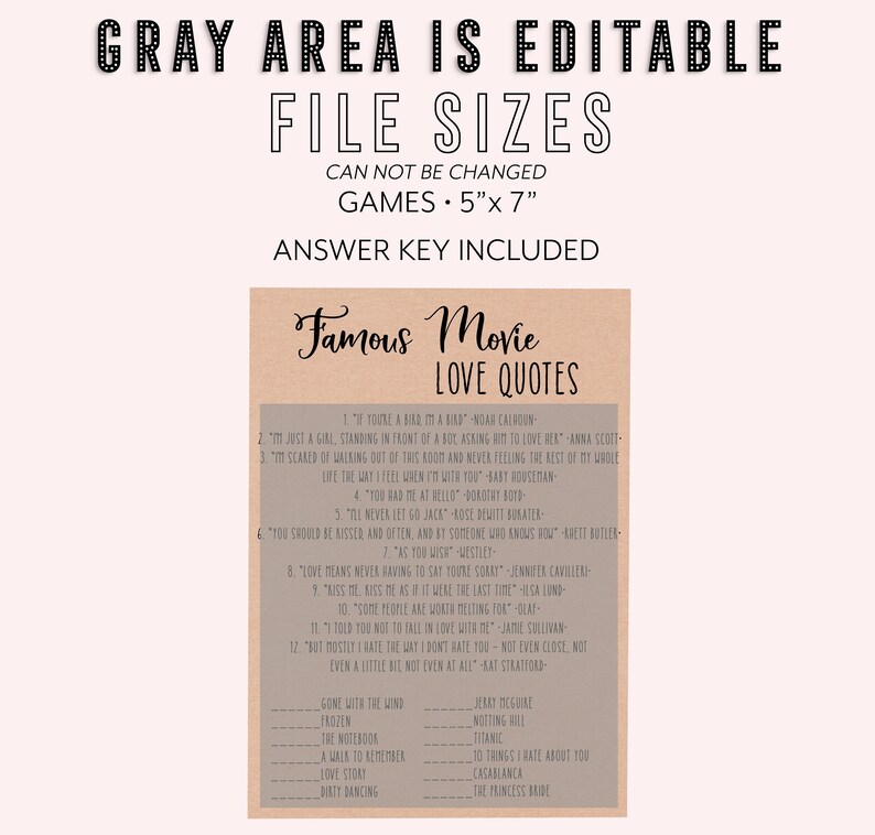 Famous Movie Love Quotes Game \u2022 Rustic Bridal Shower Printable \u2022 Wedding Shower Games \u2022 Instant Digital Download \u2022 Print51
