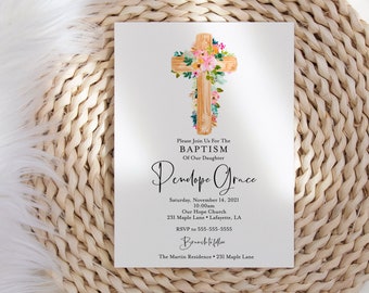 Floral Cross Invitation • Baptism Invitation • Girl Baptism Invitation • Instant Download • Communion Invitations • Religious Invitations