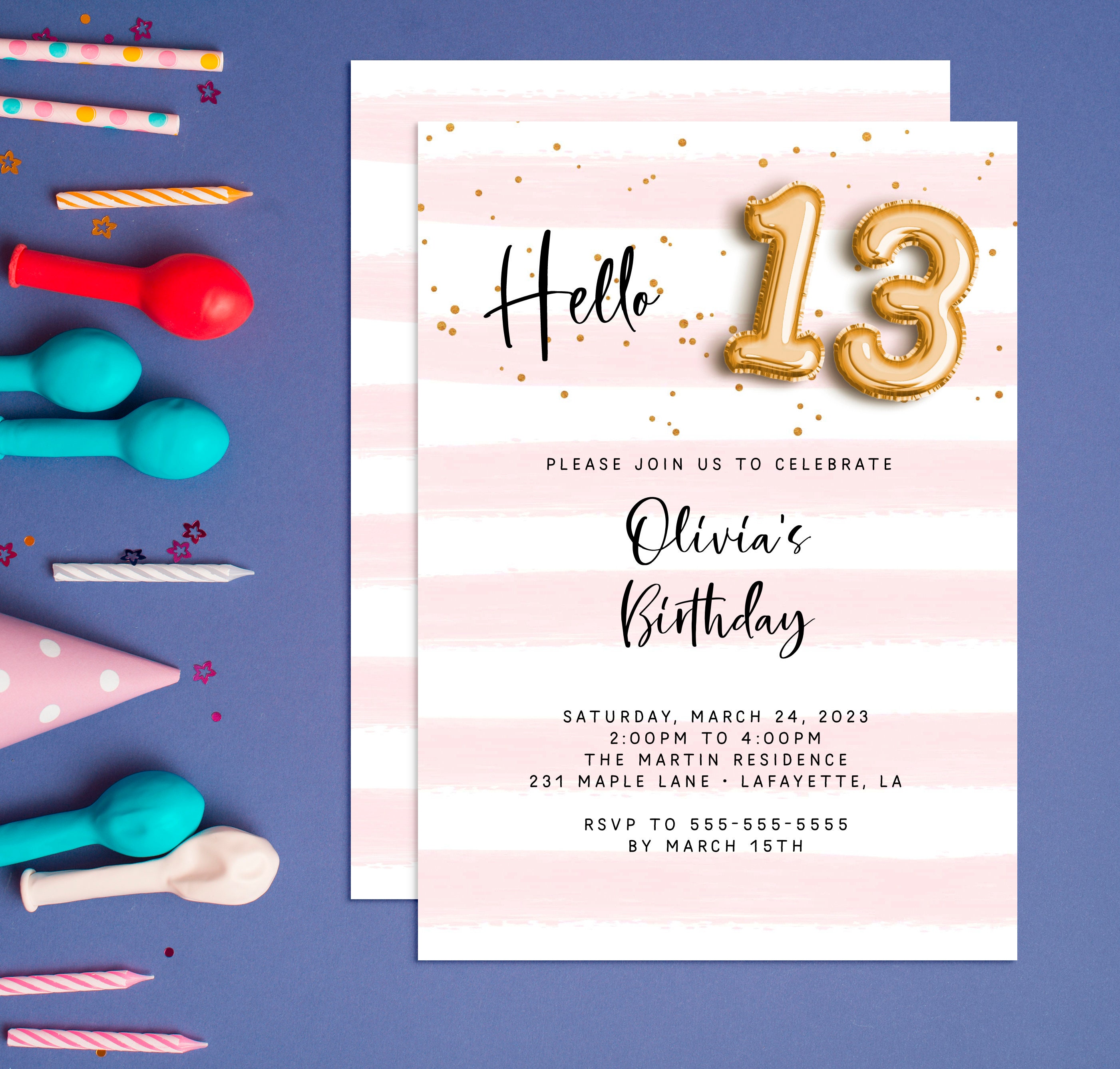 Invitacion de cumpleanos numero 13 para cualquier edad Invitacion de cumpleanos con globos de aluminio Invitaciones para ninas con descarga instantanea de color rosa y dorado con purpurina Etsy Mexico