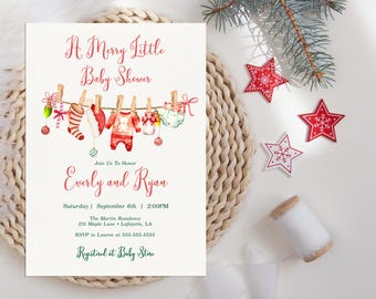 May include: A baby shower invitation with the text "A Merry Little Baby Shower" and the names "Everly and Ryan." The invitation features watercolor illustrations of baby clothes and ornaments hanging on a clothesline. Red and white star-shaped decorations are scattered around the invitation.