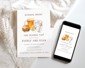 Burgers, Brews and Diapers Baby Shower Invitation, Instant Download, Editable, Co-ed Baby Shower Invite, Editable Template, Diaper Shower