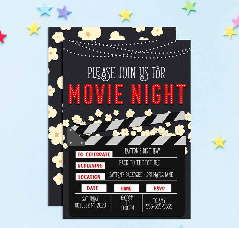 May include: Black and white movie night invitation with a clapperboard and popcorn. The invitation says "Please join us for Movie Night" and includes details for a birthday party, including the date, time, and RSVP information.