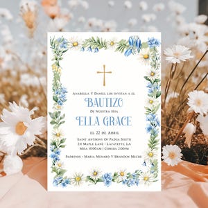 Invitacion de Bautizo, Daisy Boho Spanish Bautizo Invitation, Invitaciones Bautizo, Classic Baptism, Mi Bautizo, Spanish Baptism Invitation