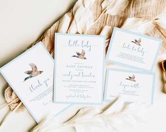 Editable Mallard Duck Baby Shower Invitation Template, Blue Gingham Bow Duck Baby Shower Invite, Printable Duck Boy Baby Shower Invite