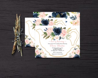 Pink Navy Floral Bridal Shower Tea Party Invitations, Editable Tea Party Bridal Shower Invitation, Edit and Print Today, Instant Download