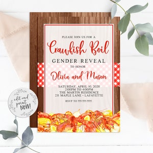 Edit and Print Today Crawfish Boil Gender Reveal Invitations Crawfish Boil Invitations