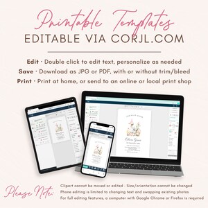 May include: A digital mockup of a printable template for a baby shower invitation. The invitation features a cute cartoon duck with a pink bow and the text "Our Little Goose" in a pink and white font. The template is editable via Corjl.com.