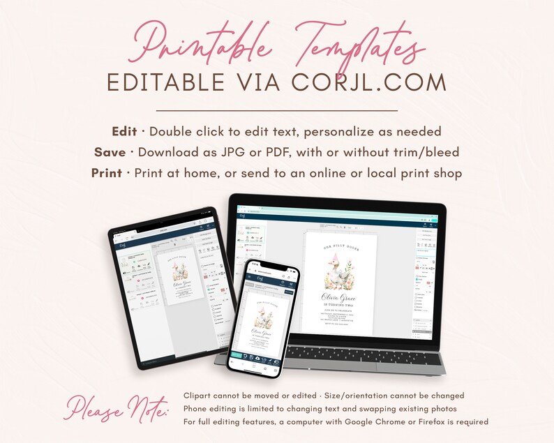 May include: A digital mockup of a printable template for a baby shower invitation. The invitation features a cute cartoon duck with a pink bow and the text "Our Little Goose" in a pink and white font. The template is editable via Corjl.com.