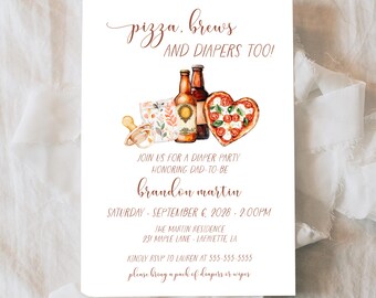May include: A white invitation card featuring watercolor illustrations of a pacifier, a diaper pack, two beer bottles, and a heart-shaped pizza. The text reads: pizza, brews AND DIAPERS TOO! JOIN US FOR A DIAPER PARTY HONORING DAD-TO-BE brandon martin SATURDAY SEPTEMBER 6 2028 2:00PM THE MARTIN RESIDENCE 231 MAPLE LANE LAFAYETTE LA KINDLY RSVP TO LAUREN AT 555-555-5555 please bring a pack of diapers or wipes.