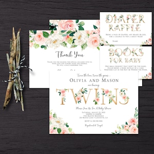 Edit and Print Today, Twin Girls Baby Shower Invitation, Baby Shower Invitation, Pink Floral Baby Invitations, Instant Download