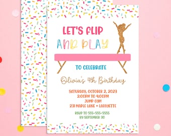 GYMNASTIC Glitter Invitation, Gymnastics Birthday Invite, Girls Invitations, Gymnastic Party, Editable Invitation, MCP209