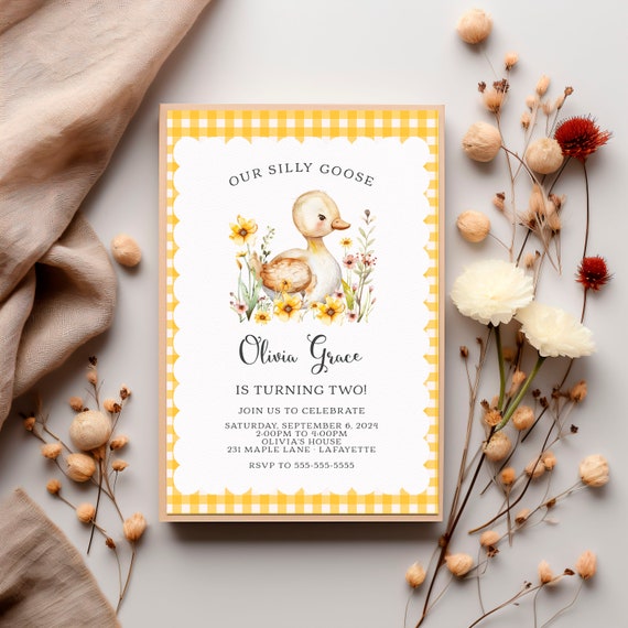 Silly Goose Invitation, Editable Digital Birthday Invite, Our Little Goose, Girl Birthday Invite, Goose Birthday Invitation, Floral Goose