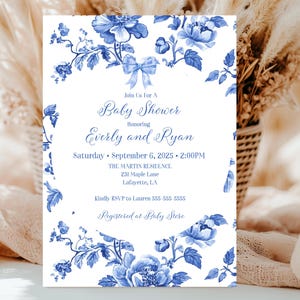French Toile Baby Shower Invitation, Vintage Blue Floral Invite, Chinoiserie, Editable Template, Instant Download