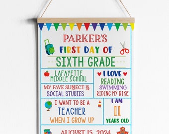 May include: A colorful first day of school sign for a student named Parker. The sign includes details about the student's school, favorite subject, hobbies, and age. The sign says "Parker's First Day of Sixth Grade", "Lafayette Middle School", "My fave subject is Social Studies", "I love reading, swimming, riding my bike", "I want to be a teacher when I grow up", "I am 11 years old", and "August 15, 2024".