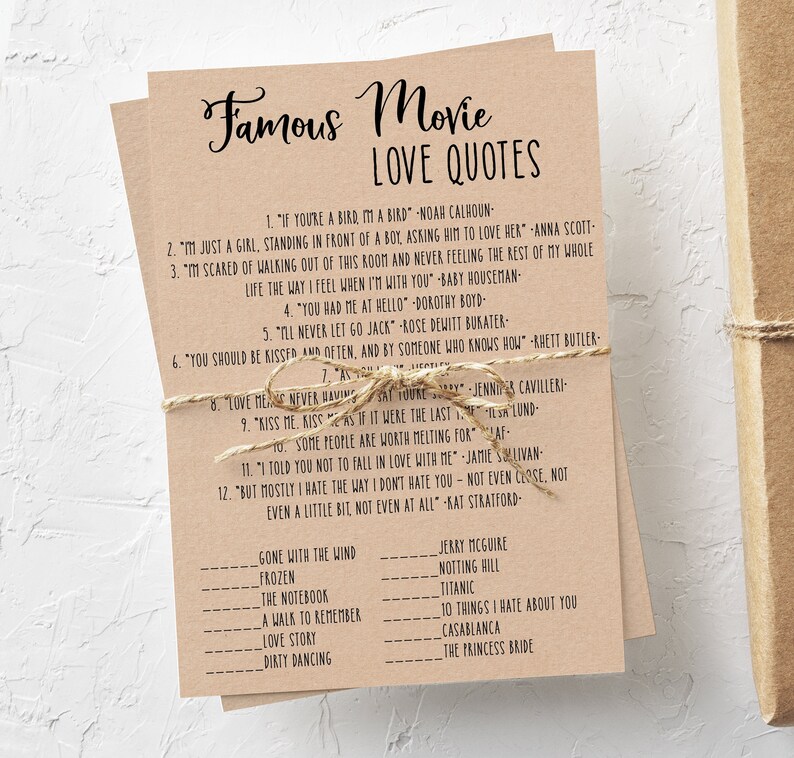 Famous Movie Love Quotes Game \u2022 Rustic Bridal Shower Printable \u2022 Wedding Shower Games \u2022 Instant Digital Download \u2022 Print51