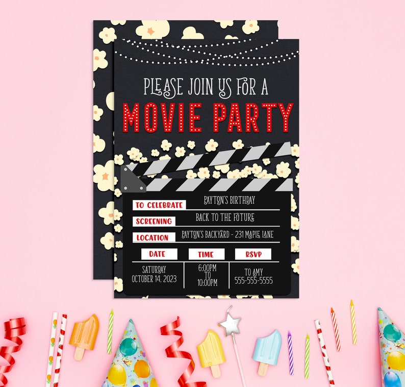 May include: Black and white movie party invitation with a red title "Movie Party" and a clapperboard with the text "To Celebrate Payton's Birthday, Screening Back to the Future, Location Payton's Backyard - 231 Maple Lane, Date Saturday October 14, 2023, Time 6:00PM to 10:00PM, RSVP To Amy 555-555-5555".
