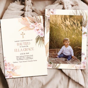 Invitacion de Bautizo, Convite Pampas Boho Espanhol Bautizo, Invitaciones Bautizo, Batismo Clássico, Mi Bautizo, Convite Espanhol para Batismo