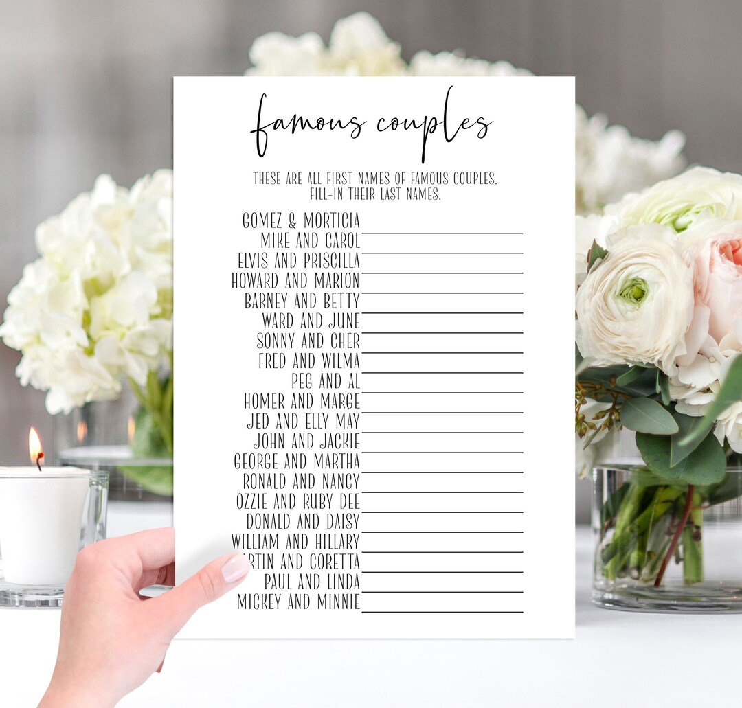 Famous Couples Bridal Shower Game • Minimalist Bridal Shower Game • DIY ...