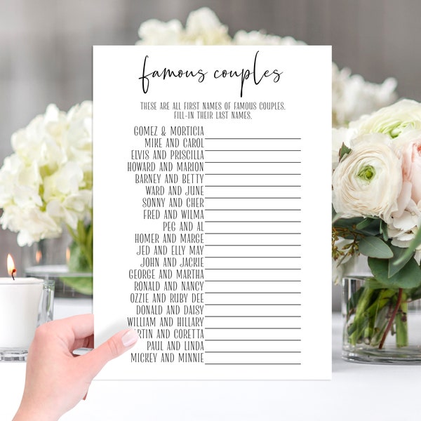 Famous Couples Bridal Shower Game • Minimalist Bridal Shower Game • DIY Printable Download • Print50