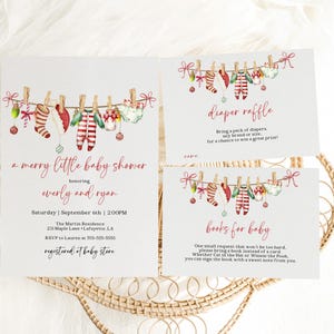 Joyeux petit modèle de jeu d'invitations pour baby shower, imprimable modifiable, carte de remerciement, tombola de couches, livres pour bébé, baby shower de Noël