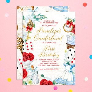 Alice In Wonderland Invitation, Onederland Girl&#39;s 1st Birthday Party Invitation, Mad Tea Party, Edit and Print Today! Onederland Invitations