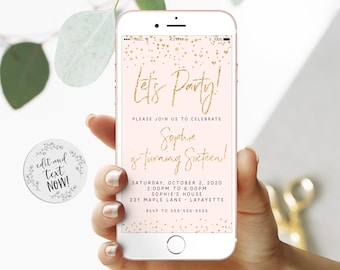 Rose Gold Let&#39;s Party E-Invite, Birthday Invitation, Rose Gold Evite, Text Message Invite, Editable Invitation, Digital Invite