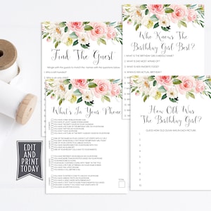 Pink Floral Birthday Party Games, Who Knows The Birthday Girl Best, How Old Was Birthday Girl, Birthday Find The Guest, Pink Floral