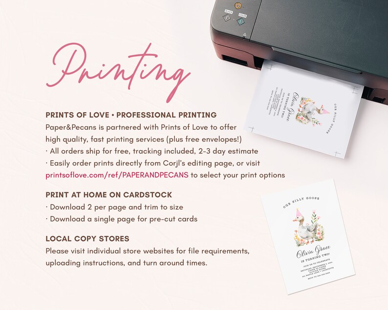 May include: A printable invitation for a child's second birthday party. The invitation features a watercolor illustration of a goose wearing a pink party hat. The text on the invitation reads "Our Silly Goose Olivia Grace is turning two".