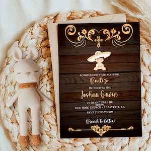 Editable Brown Boy Baptism Invitation, Charro Spanish Boy Bautizo, Para en Español, Es Nino Invitation, Spanish Template, Brown & Gold
