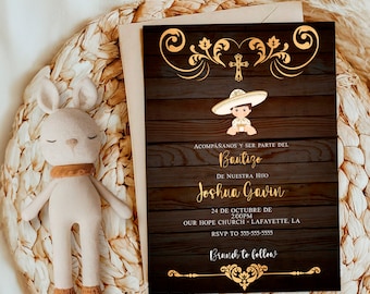 May include: A brown wooden background with gold accents and a cross. The text reads "Acompañanos y ser parte del Bautizo de nuestra hijo Joshua Gavin 24 de octubre de 2:00PM Our Hope Church Lafayette, LA RSVP to 555-555-5555 Brunch to follow".