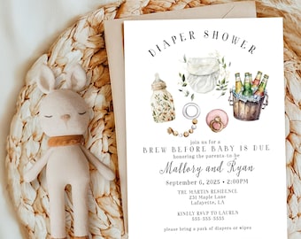 Printable Beer Diaper Party Invitation Template, Editable Brews and Bottles Diaper Party Evite, Baby Shower Invite for Dad
