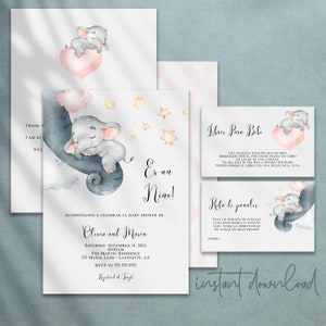 Invitación Baby Shower para niña, Spanish Baby Shower, Es una Niña, Elefante Shower Invitación española, Es Niña Invitación Instant Download