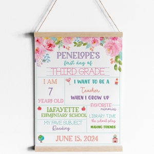 Placa floral de primeiro dia de aula, Placa editável de primeiro dia de aula, Placa de primeiro dia de aula para meninas, Download instantâneo