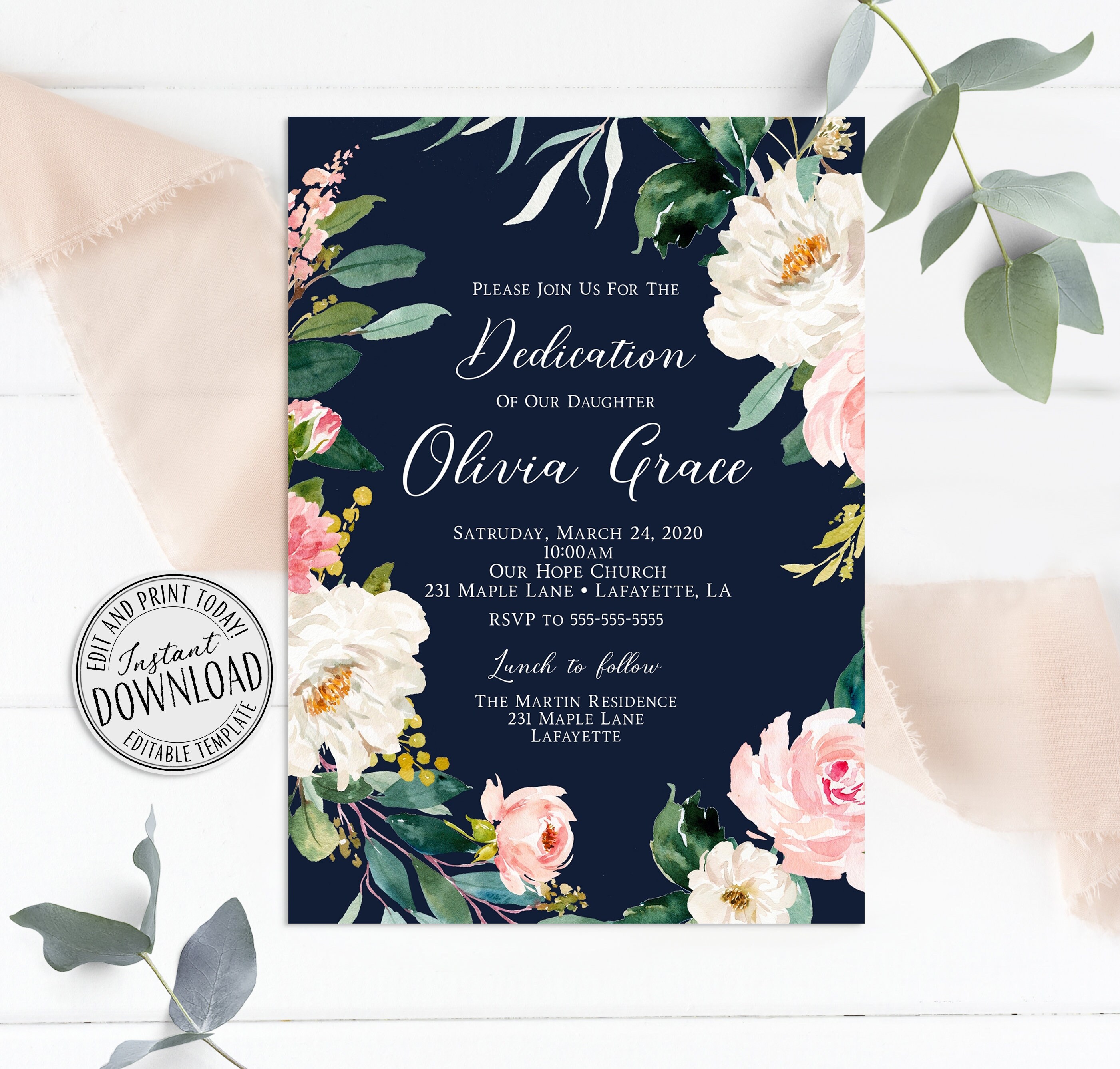 Floral Dedication Invitation Girl Dedication Invitation Etsy