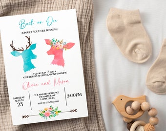 Buck or Doe Invitations, Gender Reveal Invitations, Instant Download Editable Template, Buck or Doe Gender Reveal