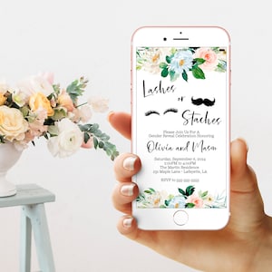 Lashes or Staches Text Message Invitation Gender Reveal Evite Lashes or Stashes Gender Reveal Invitation Instant Download