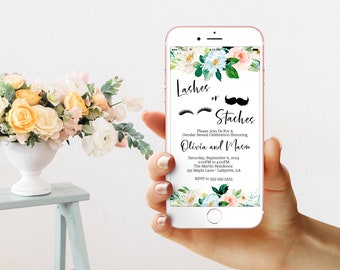 Lashes or Staches Text Message Invitation Gender Reveal Evite Lashes or Stashes Gender Reveal Invitation Instant Download