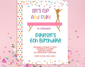 Gymnastic Invitation, Gymnastics Birthday Invite, Tumbling Invitations, Gymnastic Party, Editable Invitations, Template Instant Download