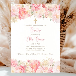 Invitacion de Bautizo, Pink Floral Spanish Bautizo Invitation, Invitaciones Bautizo, Classic Baptism, Mi Bautizo, Spanish Baptism Invitation