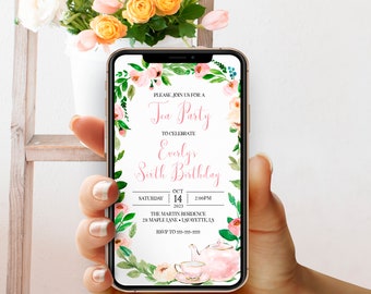 Floral Tea Party Text Message Invitation, Tea Party Birthday Invitation, Editable Instant Download Evite, Tea Party Electronic Invite